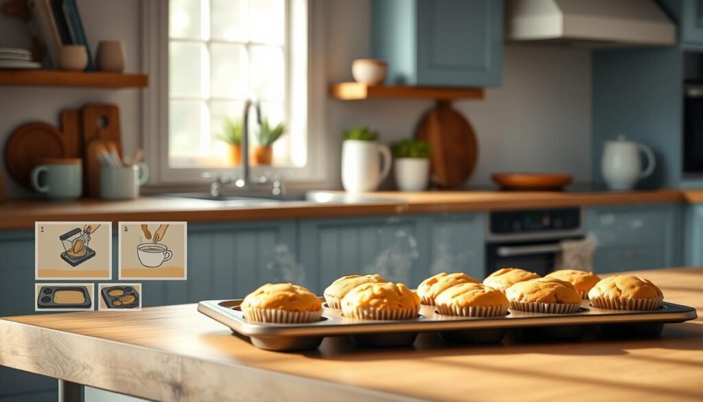 A cozy kitchen interior with wooden countertops and light blue accents. On the counter, a baking tray holds freshly baked muffins, steam rising from their golden-brown tops. Step-by-step illustrations depict the baking process - measuring ingredients, mixing the batter, filling the muffin tin, and sliding the tray into the oven. Soft, natural lighting illuminates the scene, casting gentle shadows and highlighting the texture of the muffins. A warm, inviting atmosphere pervades the space, encouraging the viewer to imagine the satisfying aroma and comforting flavors of these homemade protein-packed breakfast treats.