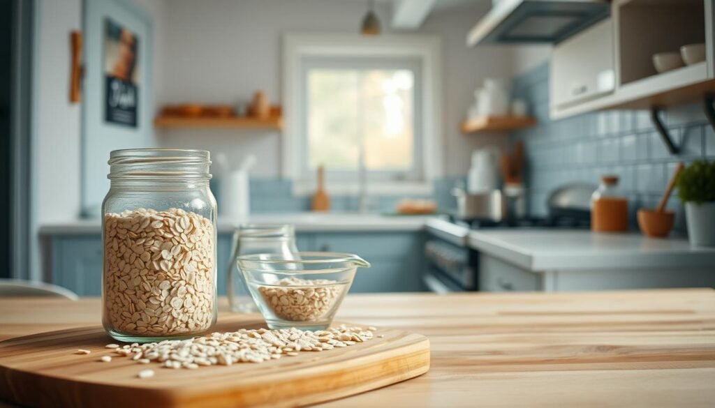 A cozy kitchen interior with wooden textures and light blue accents. In the foreground, a wooden cutting board with whole oats, a glass jar of oats, and a metal measuring cup. In the middle ground, a small saucepan on the stove, steam rising, and a spoon stirring the oats. In the background, a clean white countertop, a window with natural light, and a simple light fixture above. The scene conveys a relaxed, homemade atmosphere, perfect for illustrating a step-by-step guide to preparing zucchini bread overnight oats.