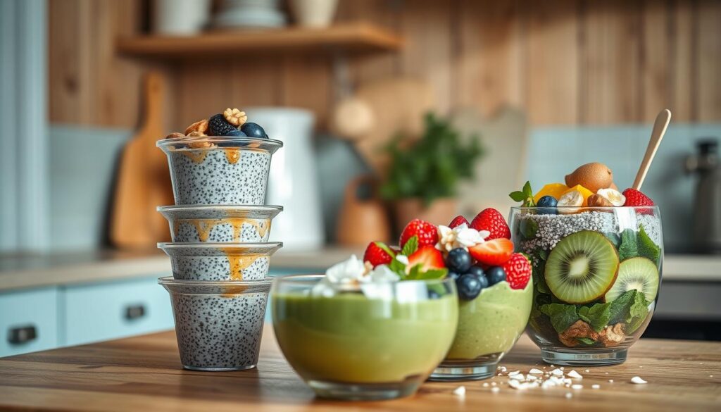 A cozy kitchen interior with wooden textures and light blue accents. On the counter, a stack of chia seed pudding cups in various colors, topped with fresh berries, nuts, and a drizzle of honey. Next to them, two smoothie bowls filled with a vibrant blend of greens, fruits, and superfoods, garnished with sliced kiwi, coconut flakes, and a sprinkling of chia seeds. Soft, natural lighting illuminates the scene, creating a calming and inviting atmosphere.