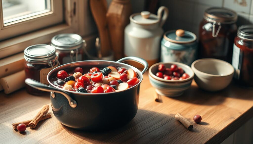 A cozy kitchen scene bathed in warm, natural light. On a wooden worktop, a saucepan simmers with a vibrant fruit compote, its contents bubbling and glistening. Ripe berries, sliced apples, and fragrant cinnamon sticks mingle, filling the air with an inviting aroma. Jars of preserves and a chipped ceramic bowl stand nearby, hinting at the homemade, artisanal nature of the dish. The soft lighting casts gentle shadows, creating a serene, intimate atmosphere perfect for crafting this delectable fruit topping.