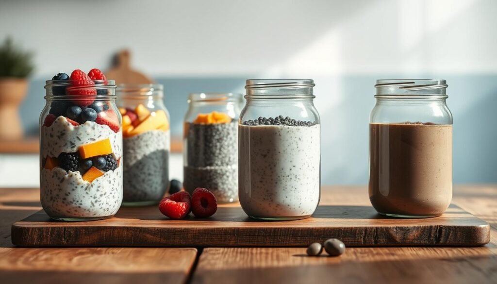 A cozy kitchen scene featuring a variety of overnight oats and chia pudding recipes. On a rustic wooden table, several glass jars filled with different flavors - classic oats with berries, tropical mango chia, and creamy chocolate chia. Soft, natural lighting illuminates the scene, casting gentle shadows. In the background, a light blue accent wall provides a calming, minimalist backdrop. The overall atmosphere is one of simplicity, health, and inviting warmth - the perfect start to a nourishing day.
