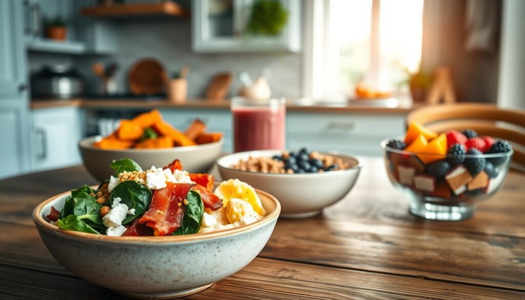 A cozy kitchen scene with a rustic wooden table showcasing a variety of savory breakfast bowls. In the foreground, a bowl filled with fluffy scrambled eggs, crisp bacon, and sautéed spinach, accented with a sprinkle of feta cheese. Beside it, a bowl of hearty oatmeal topped with roasted sweet potatoes, chickpeas, and a drizzle of tahini. In the middle ground, a smoothie bowl brimming with frozen berries, Greek yogurt, and a sprinkling of granola. The background features a minimalist kitchen with light blue cabinetry and natural light streaming in, creating a warm and inviting atmosphere.
