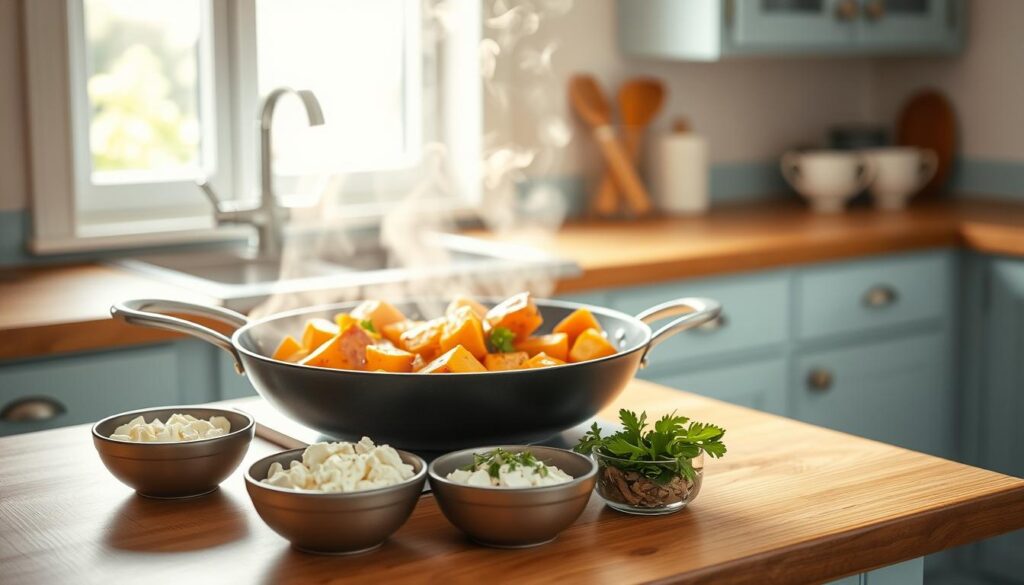 A cozy kitchen scene with a wooden countertop and light blue accents. On the counter, a large skillet sizzles with cubes of sweet potatoes, bell peppers, and onions. Steam rises from the pan, filling the air with the aroma of spices. In the background, a bright window lets in natural light, illuminating the cooking process. Positioned around the skillet are small bowls of crumbled feta, chopped parsley, and a drizzle of olive oil, ready to be added as finishing touches. The scene conveys a sense of warmth and simplicity, inviting the viewer to imagine the delicious breakfast to come.