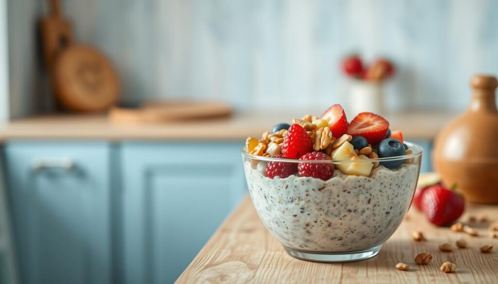A cozy kitchen scene with a wooden table featuring a large bowl of overnight oats, topped with an assortment of fresh fruits, nuts, and a drizzle of nut butter. The oats have a creamy, dense texture, and the toppings are arranged in an aesthetically pleasing manner. The background features light blue accents, complementing the natural wooden tones. Soft, diffused lighting creates a warm, inviting atmosphere, highlighting the vibrant colors and textures of the healthy breakfast. The overall scene conveys a sense of simplicity, mindfulness, and a nourishing start to the day.