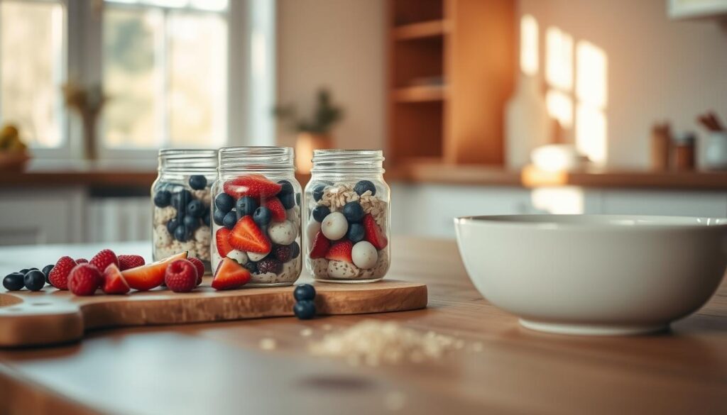 A cozy kitchen scene with a wooden table, sunlight filtering through the window, and an array of breakfast ingredients neatly arranged. Glass jars filled with overnight oats, fresh berries, a cutting board with sliced fruit, and a simple ceramic bowl ready for assembly. A sense of calm, intentional preparation pervades the space, hinting at the satisfying Sunday routine to come.