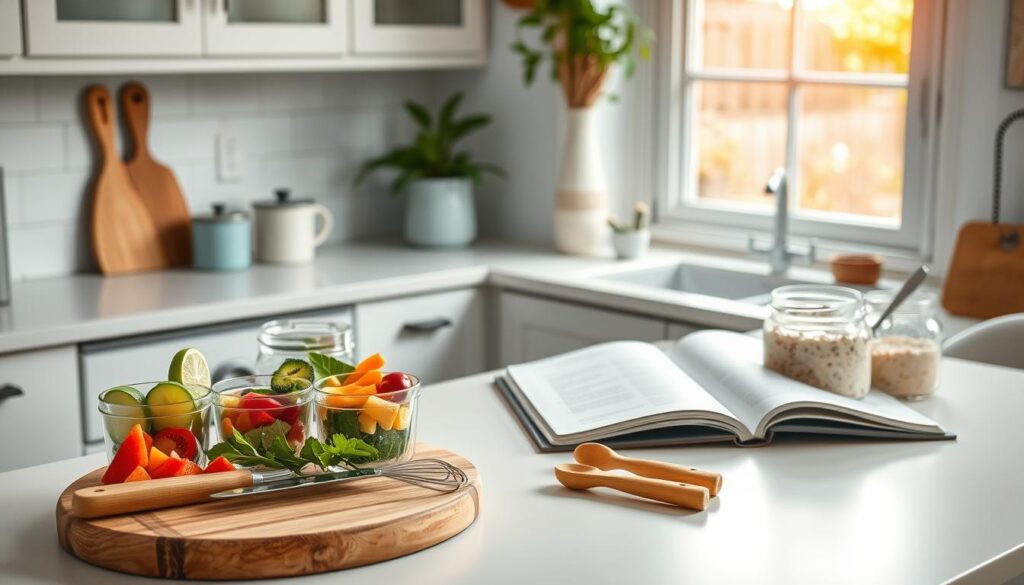 A cozy kitchen scene with wooden textures and light blue accents. In the foreground, a clean white countertop displays several glass meal prep containers filled with freshly chopped fruits, vegetables, and overnight oats. Nearby, a bamboo cutting board showcases a knife, measuring cups, and spoons arranged neatly. In the middle ground, an open cookbook rests on the counter, its pages revealing simple breakfast recipes. The background features a window overlooking a garden, letting in warm natural light that casts a soft glow throughout the space. The overall atmosphere is one of organized practicality and mindful meal preparation.