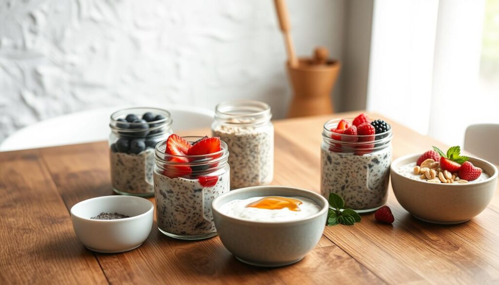 A cozy kitchen setting with a wooden table, soft natural lighting, and a textured white backdrop. On the table, an assortment of overnight oats in various jars and bowls, topped with fresh berries, sliced nuts, and a drizzle of honey. Nearby, a small bowl of chia pudding and a sprig of mint. The scene conveys a sense of clean, wholesome simplicity, inviting the viewer to imagine the flavors and textures of these make-ahead breakfast options.