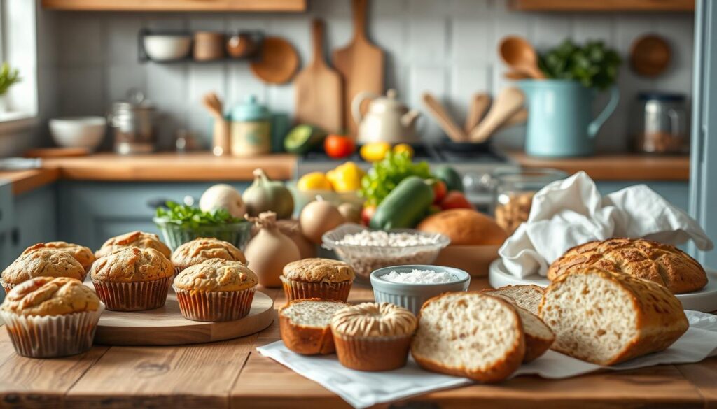 A cozy kitchen setting with natural wooden textures and light blue accents. On a wooden table, an array of gluten-free ingredients and kitchen tools are neatly arranged, inviting exploration. In the foreground, a variety of baked goods - muffins, scones, and loaves - are showcased, each with its own unique gluten-free twist. The middle ground features a selection of fresh produce, spices, and alternative flours, hinting at the endless possibilities for creative gluten-free recipes. The background is softly lit, creating a warm and inviting atmosphere, encouraging the viewer to imagine the delicious and nutritious gluten-free creations that could emerge from this kitchen.
