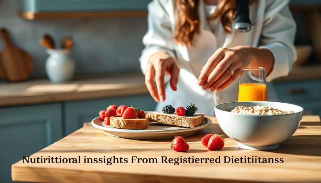 A cozy kitchen setting with warm wooden textures and light blue accents. On a wooden countertop, a registered dietitian's hands carefully arrange a selection of healthy breakfast items - whole grain toast, fresh berries, a glass of orange juice, and a bowl of oatmeal. The scene is bathed in soft, natural lighting, capturing the dietitian's expertise and the nutritious, fiber-rich meal. The overall atmosphere conveys a sense of calm, wellness, and professional guidance, fitting the 