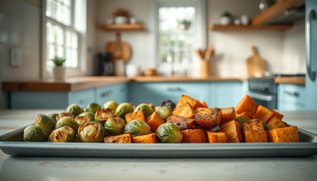 A cozy kitchen with light blue accents and warm wooden textures. On a sheet pan, roasted brussels sprouts and sweet potatoes are arranged in an appealing fashion. The vegetables are golden-brown, caramelized, and emanating a tantalizing aroma. Soft, natural lighting from the windows casts a gentle glow, highlighting the textural details of the produce. The composition is balanced, with the vegetables occupying the midground, allowing the minimal kitchen environment to set the mood. An inviting, homemade feel permeates the scene, perfectly capturing the essence of "Incorporating Roasted Vegetables: Brussels Sprouts, Sweet Potatoes & More".