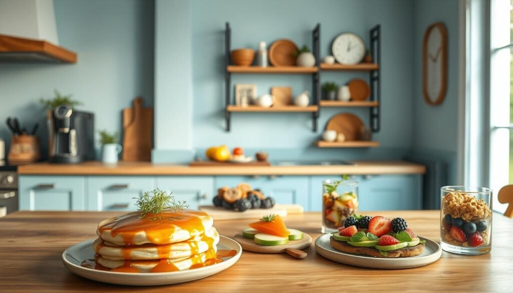 A cozy kitchen with light-blue accents and wooden textures sets the stage for a delightful breakfast scene. In the foreground, a variety of creative breakfast dishes are artfully arranged on a wooden table - fluffy pancakes drizzled with maple syrup, avocado toast garnished with microgreens, and parfaits layered with fresh berries and granola. The middle ground features a sleek coffee machine and a cutting board with sliced fruits, while the background showcases a minimalist wall shelving unit displaying an assortment of breakfast-themed decor. The overall atmosphere is warm, inviting, and brimming with culinary inspiration to elevate your morning routine.