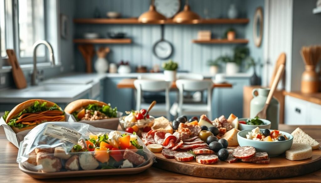 A cozy kitchen with light blue accents and wooden textures showcases an arrangement of diverse cold lunch options from around the world. In the foreground, a variety of international flavors are displayed, including a Vietnamese banh mi sandwich, a Japanese bento box, and a Greek salad with feta and olives. The middle ground features a charcuterie board with cured meats, cheeses, and fresh fruit, while the background offers a glimpse of a minimalist dining area, hinting at the versatility of these no-heat meal ideas. The scene is bathed in soft, natural lighting, creating an inviting and appetizing atmosphere.
