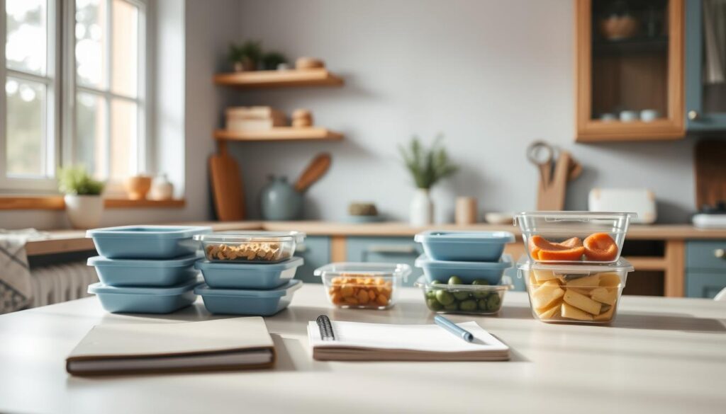 A cozy kitchen with warm wooden textures and light blue accents forms the backdrop for a weekly lunch planning scene. In the foreground, a clean, minimalist table displays an array of meal prep containers, a notebook, and a pen, inviting the viewer to envision a thoughtful, organized approach to packing nutritious lunches. Soft, natural lighting filters in, creating a calming atmosphere that encourages mindful meal planning. Subtle details, such as a potted plant or a simple vase, add a touch of life to the scene, reflecting the care and attention given to this weekly task. The absence of hands emphasizes the sense of preparation and thoughtfulness, allowing the viewer to immerse themselves in the process of crafting a weekly lunchbox strategy.