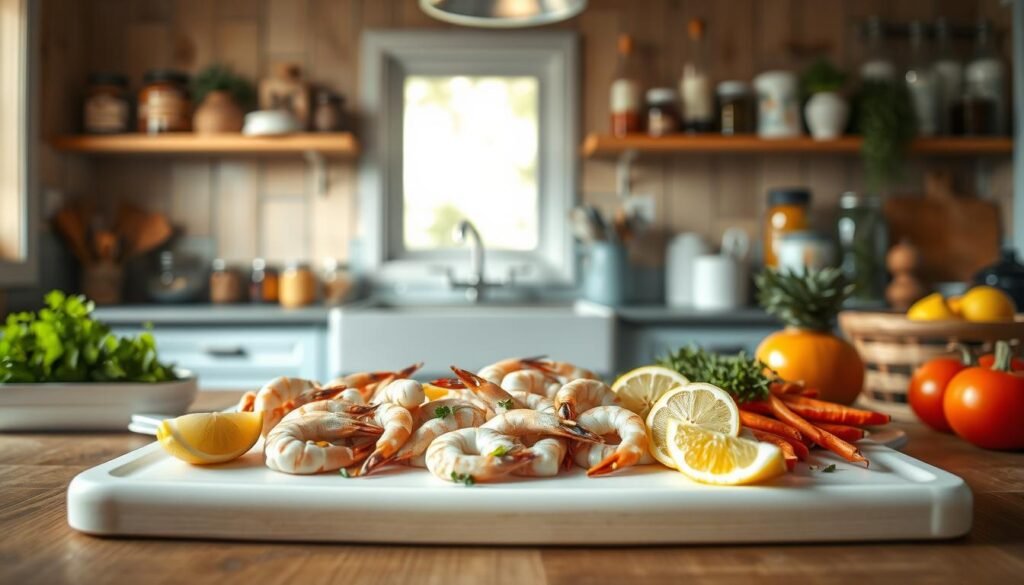 A cozy kitchen with wooden textures and light blue accents sets the stage for an array of shrimp recipe variations. In the center, a cutting board displays an assortment of fresh shrimp, alongside an array of vibrant ingredients like lemon wedges, herbs, and spices. The background features neatly arranged jars and bottles, hinting at the diverse flavor profiles to come. Soft, diffused lighting casts a warm glow, evoking a sense of culinary inspiration. The scene captures the essence of creative, high-protein shrimp meals, ready to be explored and enjoyed.