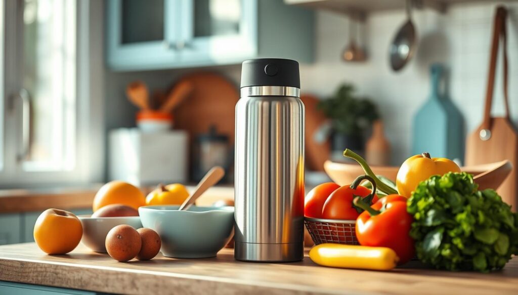 A cozy kitchen with wooden textures and light blue accents showcases a sleek, modern thermos nestled amidst fresh produce and cooking utensils. The thermos, gleaming in metallic tones, radiates warmth and efficiency, hinting at its ability to maintain the temperature of home-cooked meals. The scene conveys the benefits of using a thermos for meal prep - convenience, energy-saving, and a commitment to healthy, hot lunches at work. The lighting is soft and natural, creating an inviting atmosphere that underscores the thermos' role in nourishing both body and mind.