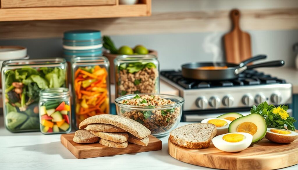 A cozy kitchen with wooden textures and light blue accents showcases an array of quick work meals. A row of glass storage containers holds fresh, seasonal produce - crisp salads, roasted vegetables, and protein-packed grain bowls. A cast-iron skillet sits atop the stove, steam rising from a simmering soup. Whole-grain breads, sliced avocado, and hard-boiled eggs fill a wooden cutting board, ready for easy assembly. The scene is bathed in warm, natural light, conveying a sense of efficiency and nourishment for the busy workday ahead.