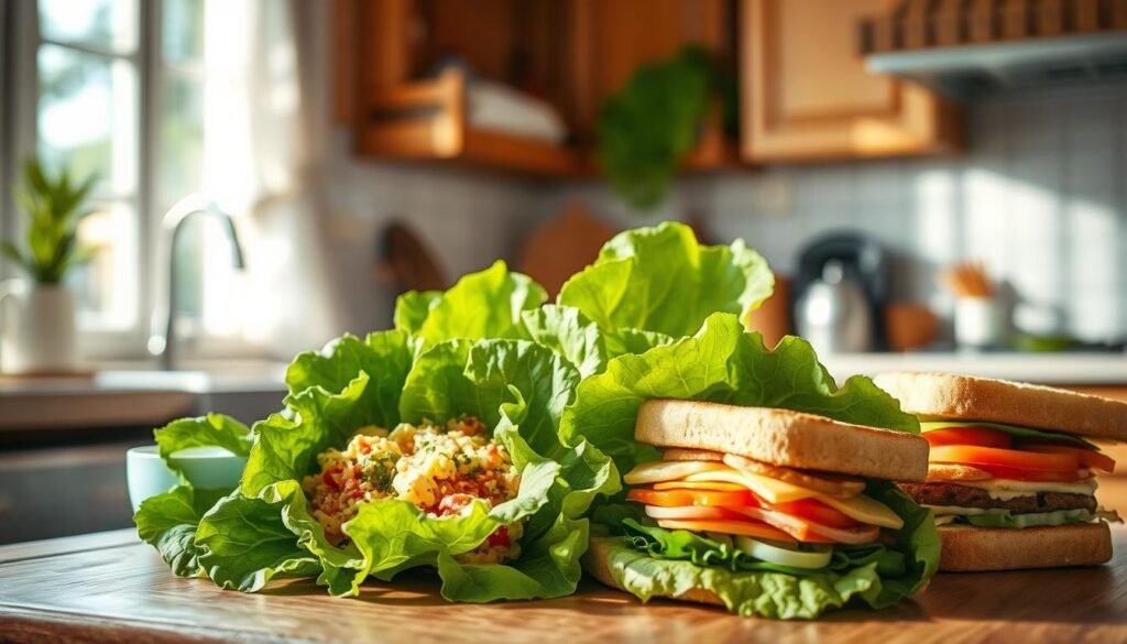 A cozy kitchen with wooden textures and light blue accents showcases an artful arrangement of fresh lettuce wraps and delectable sandwiches. The lettuce leaves, crisp and green, elegantly hold a variety of flavorful fillings, while the sandwiches, crafted with care, feature a harmonious blend of textures and colors. The scene is bathed in natural light, creating a serene and appetizing atmosphere, inviting the viewer to savor the wholesome, no-heat lunchbox options. The image captures the essence of the "Wraps, Sandwiches, and Pita Options to Try" section, highlighting the versatility and appeal of these make-ahead component meals.