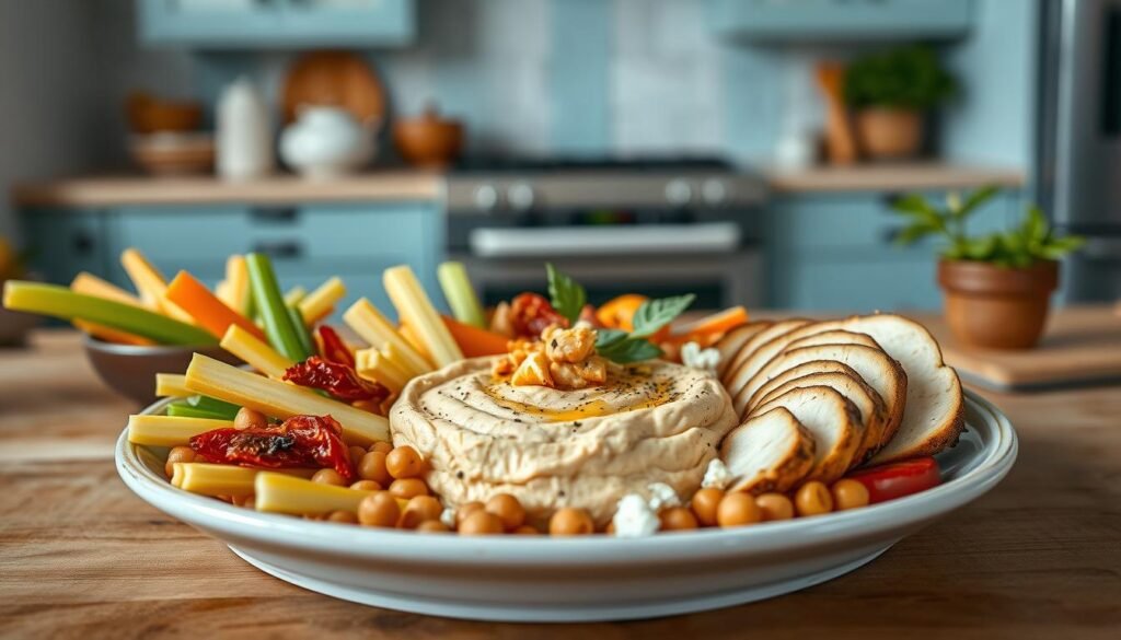A cozy kitchen with wooden textures and light blue accents showcases an artfully arranged hummus plate, surrounded by an assortment of creative protein pairings. In the foreground, crisp vegetable sticks and juicy slices of grilled chicken create a vibrant contrast. In the middle ground, sun-dried tomatoes, roasted chickpeas, and crumbled feta cheese add texture and flavor. The background features a subtle, natural lighting that accentuates the earthy tones and elevates the overall atmosphere of the scene.