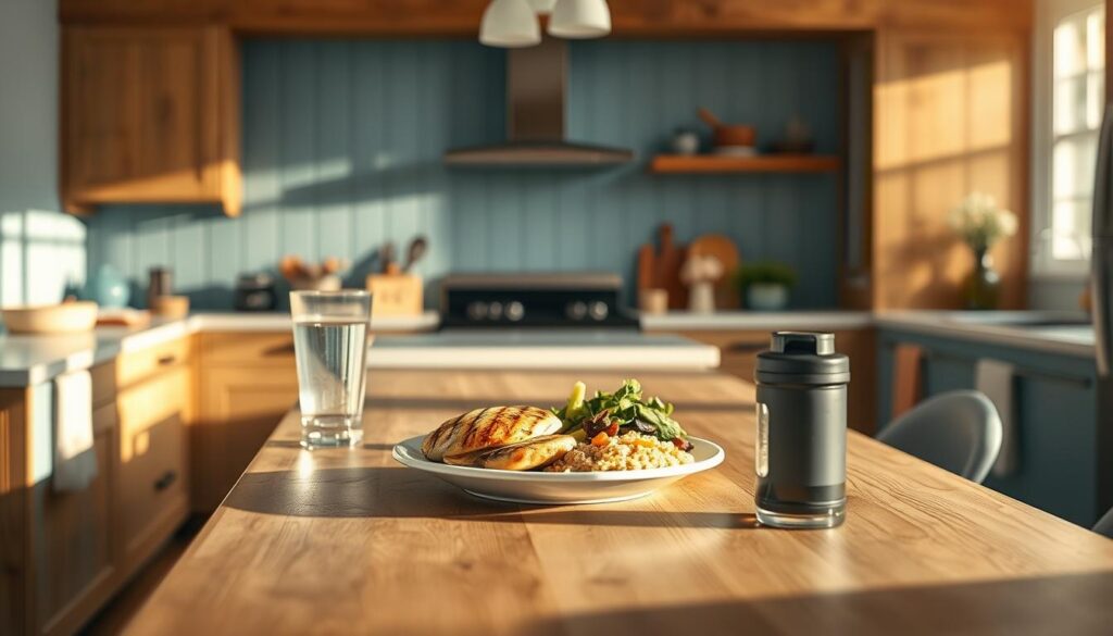A cozy kitchen with wooden textures and light blue accents. On the center island, a plate features a balanced meal showcasing the benefits of protein: grilled chicken, steamed vegetables, and a side of quinoa. The lighting is warm and natural, casting a subtle glow on the scene. In the foreground, a glass of water and a shaker bottle of protein powder convey the importance of high-protein meals for energy and fullness. The overall atmosphere is one of nourishment and mindfulness, reflecting the article's focus on healthy lunch prep.