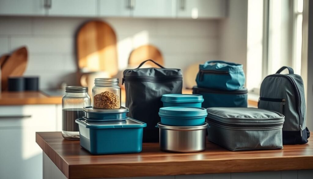A cozy, minimal kitchen bathed in soft, natural light. On the wooden countertop, an assortment of meal storage containers arranged with care - glass jars, airtight lunchboxes, and insulated bags in shades of blue and grey. The scene exudes a sense of organization and practicality, perfectly suited for packing no-cook meals for outdoor adventures. The focus is on the efficient, yet aesthetically pleasing, storage solutions that will keep food fresh and ready to enjoy. The overall mood is one of intentionality and preparedness, capturing the essence of the "Tips for Packing and Storing No-Cook Meals Safely" section.