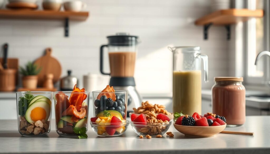 A cozy, minimal kitchen counter displays an array of low-carb breakfast options. In the foreground, customizable keto meal prep cups are filled with a variety of ingredients - scrambled eggs, crisp bacon, creamy avocado, and fresh herbs. Beside them, a selection of vibrant berries, crunchy nuts, and a drizzle of smooth nut butter offer flavorful toppings. The middle ground features a sleek blender and a carafe of refreshing, nutrient-dense smoothie. Soft natural light filters through the kitchen's large windows, casting a warm glow on the scene. The background showcases a minimalist subway tile backsplash and open shelving displaying clean-lined cookware. An atmosphere of culinary simplicity and health-conscious indulgence permeates the image.