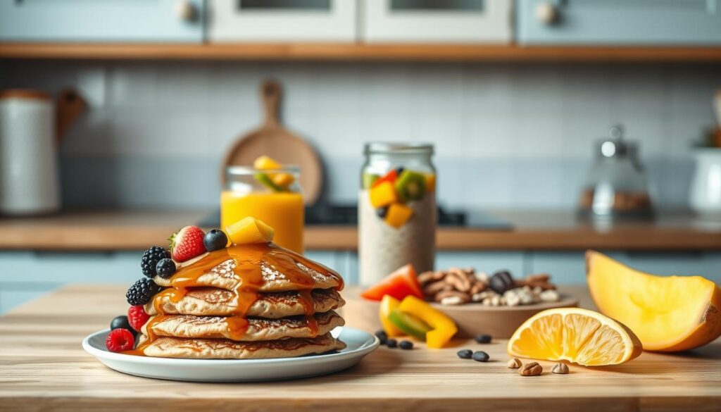 A cozy, minimal kitchen counter showcases an array of delectable vegan breakfast preparations. In the foreground, a stack of fluffy oat pancakes drizzled with a luscious maple syrup glaze, accompanied by a selection of fresh berries and sliced kiwi. Beside it, a glass jar filled with creamy chia pudding, layered with vibrant mango and kiwi. In the middle ground, a wooden board displays a variety of nuts, seeds, and dried fruit, while a glass of freshly squeezed orange juice stands ready to complete the scene. The background features light blue accents on the kitchen cabinets, complementing the warm, natural tones of the wooden textures. Soft, diffused lighting creates a cozy, inviting atmosphere, capturing the essence of a delicious and nourishing vegan breakfast.