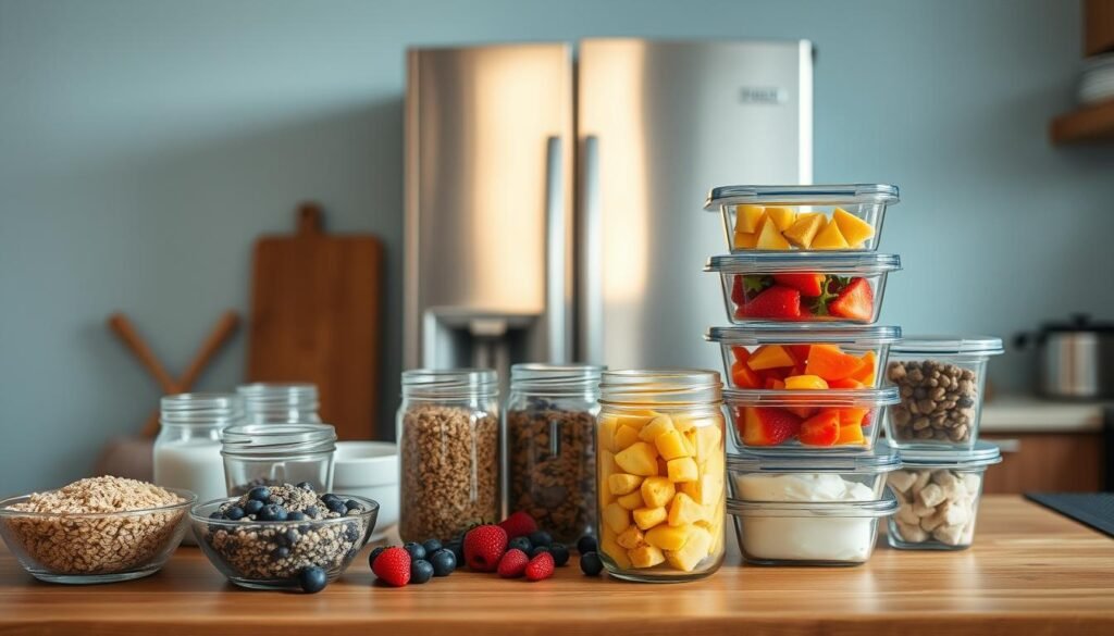 A cozy, minimal kitchen counter showcases an assortment of freezer-friendly breakfast ingredients. In the foreground, an array of portioned-out oats, chia seeds, and frozen berries are neatly arranged. In the middle ground, glass jars contain homemade granola and yogurt, while a stack of meal prep containers filled with scrambled eggs and diced bell peppers take center stage. In the background, a sleek stainless steel freezer sits against a light blue accent wall, casting a warm glow over the scene. The lighting is soft and natural, highlighting the textures of the wooden countertop and the matte finishes of the kitchen essentials. The overall mood is one of organization, efficiency, and culinary inspiration.