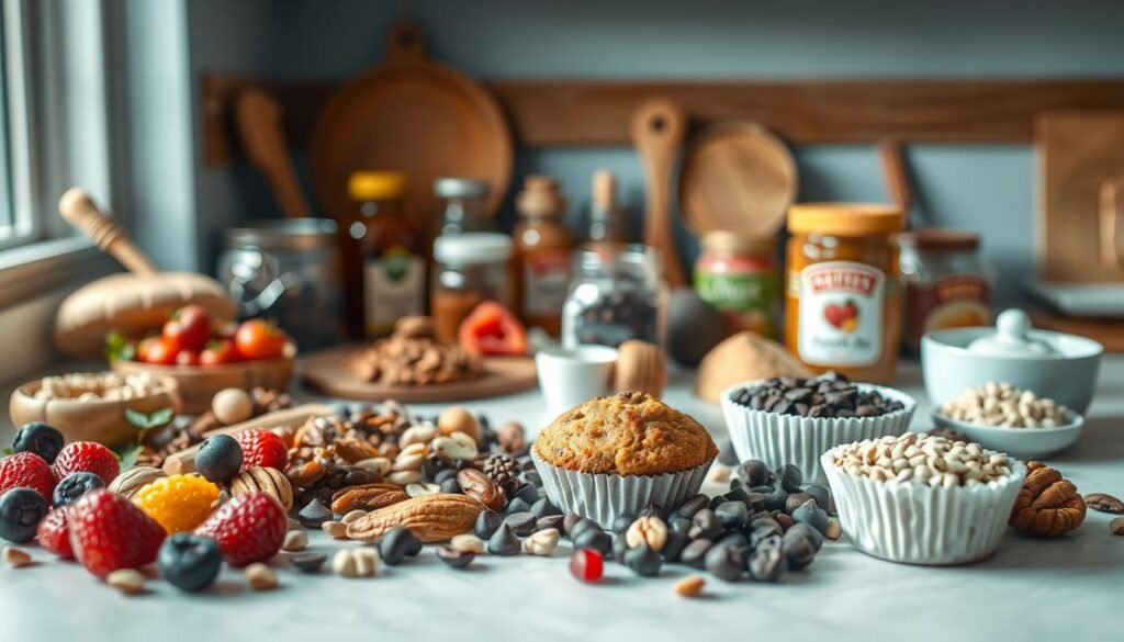 A cozy, minimal kitchen counter showcasing an assortment of customizable muffin ingredients. In the foreground, various fresh berries, nuts, chocolate chips, and dried fruit lay invitingly. In the middle ground, an array of baking spices, honey, and nut butters create an artful still life. The background features a light blue wall with warm wooden accents, establishing a comforting, homey atmosphere. The lighting is soft and natural, highlighting the rich textures and vibrant colors of the ingredients. The camera angle is slightly elevated, providing an enticing overhead view that encourages the viewer's culinary imagination.