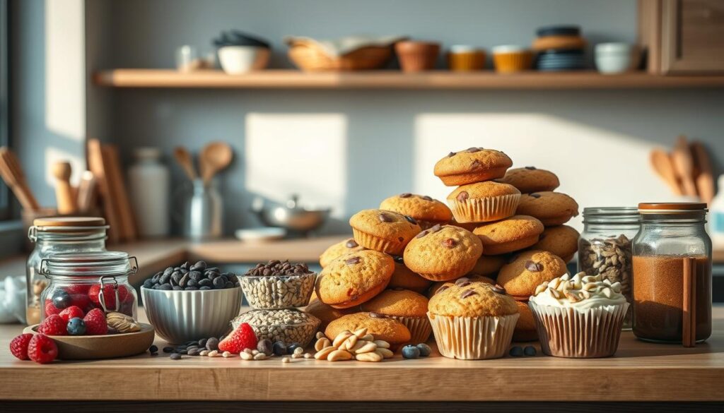 A cozy, minimal kitchen counter with a variety of customizable muffin mix-ins and substitutions artfully arranged. Wooden textures, light blue accents, and soft natural lighting create a warm, inviting atmosphere. An assortment of fresh berries, nuts, seeds, chocolate chips, and dried fruit pile high, surrounded by jars of honey, cinnamon, and other spices. The scene conveys the endless possibilities for personalized, protein-packed breakfast muffins, perfect for busy students on school mornings.