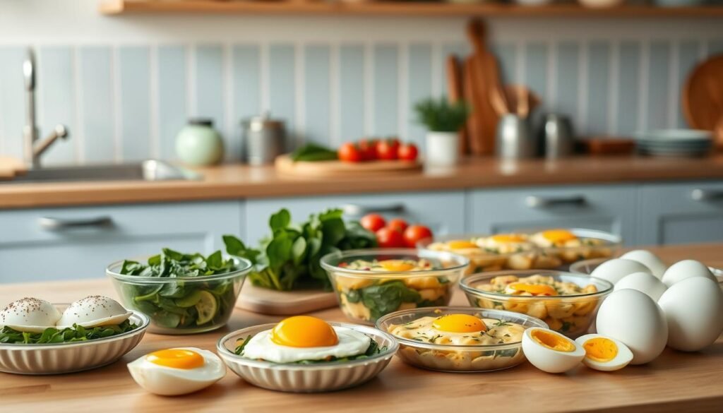 A cozy, minimal kitchen counter with a wooden surface and light blue accents. In the foreground, a variety of meticulously prepared meal prep egg dishes - poached eggs, scrambled eggs, frittatas, and hard-boiled eggs, arranged in a visually appealing manner. In the middle ground, fresh ingredients like spinach, tomatoes, and herbs add pops of color and texture. The lighting is soft and natural, highlighting the delicious-looking meals and creating a warm, inviting atmosphere. The overall composition suggests a balanced, nutritious breakfast that is easy to prepare in advance for a busy week.