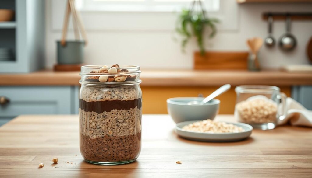 A cozy, minimal kitchen counter with a wooden surface and light blue accents. In the foreground, a mason jar filled with layered chocolate hazelnut overnight oats, garnished with a sprinkle of cocoa powder and chopped hazelnuts. In the middle ground, a small bowl of rolled oats, a spoon, and a measuring cup. In the background, a simple white wall with a hanging plant, creating a calming, natural atmosphere. The lighting is soft and warm, casting a gentle glow on the scene. The composition is clean and inviting, showcasing the step-by-step preparation of this delectable overnight oats recipe.