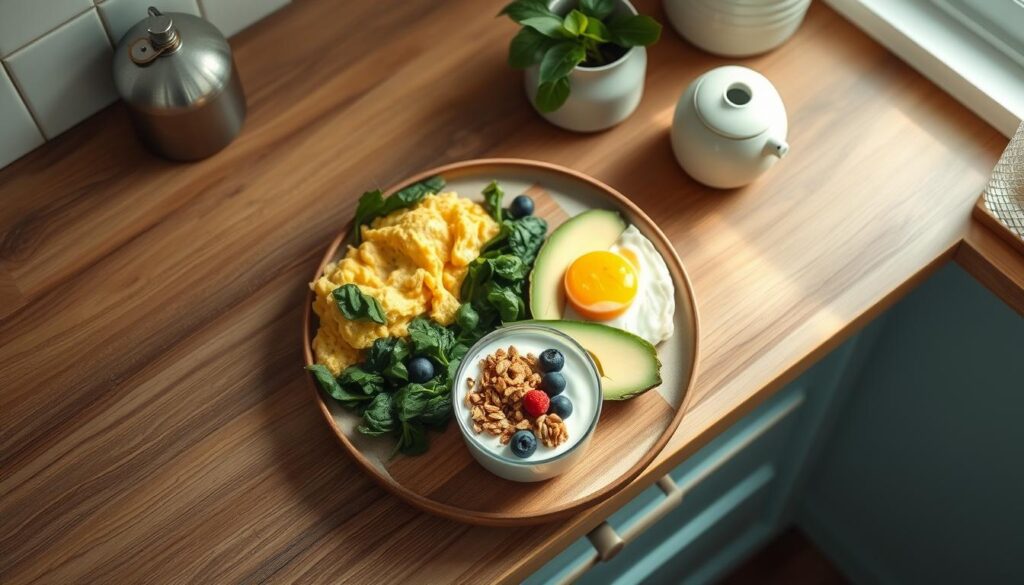 A cozy, minimal kitchen counter with a wooden surface and light blue accents. In the center, an artfully arranged breakfast spread featuring a variety of macronutrients: scrambled eggs, sautéed spinach, sliced avocado, and a small bowl of Greek yogurt topped with granola and berries. The lighting is soft and natural, creating a warm and inviting atmosphere. The camera angle is slightly elevated, capturing the scene from an overhead perspective to highlight the balanced composition of the meal. The overall vibe is one of health, nourishment, and culinary thoughtfulness.