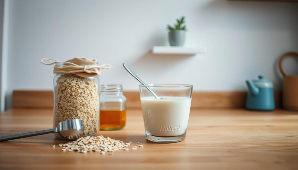 A cozy, minimal kitchen counter with wooden textures and light blue accents. In the foreground, a stack of rolled oats, a glass jar of honey, and a metal measuring spoon. In the middle, a glass bowl filled with oats, milk, and a spoon resting on the rim. In the background, a simple white wall with a small potted plant on a floating shelf, illuminated by soft, natural lighting from a window. The overall atmosphere is calm, inviting, and focused on the step-by-step process of preparing classic overnight oats.