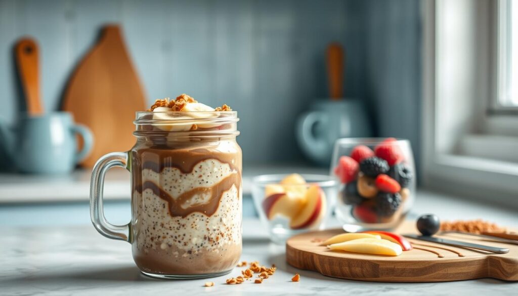 A cozy, minimal kitchen countertop showcases an array of overnight oats variations. In the foreground, a mason jar brims with a creamy chocolate and banana concoction, garnished with crunchy granola and fresh banana slices. Beside it, a glass bowl houses a vibrant mixed berry medley, its vibrant hues contrasting against the serene light blue accents. In the middle ground, a rustic wooden board displays a variety of toppings - from cinnamon-dusted apples to drizzled nut butters, enticing the senses. The soft, diffused lighting casts a warm glow, highlighting the natural textures and diverse flavors of these wholesome, customizable overnight oats.