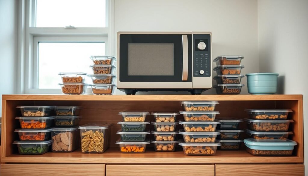 A cozy, minimal kitchen environment with wooden textures and light blue accents. In the foreground, an array of meal prep containers in various sizes and shapes, neatly stacked and organized on a sleek wooden shelving unit. The containers are made of high-quality, transparent material, allowing the contents to be easily visible. In the middle ground, a microwave oven sits atop the counter, ready to efficiently reheat the prepped meals. The background features a simple, calming window view, letting in soft, natural lighting that complements the overall aesthetic. The mood is one of efficiency, organization, and a commitment to healthy, home-cooked meals, perfect for the college dorm life.