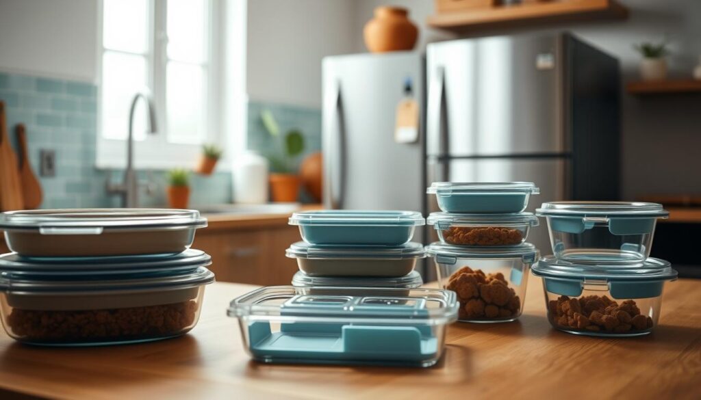 A cozy, minimal kitchen environment with wooden textures and light blue accents. In the foreground, a variety of reusable glass meal prep containers, lids, and silicone separators are neatly arranged on a wooden countertop. The containers feature different compartments for organizing meals. In the middle ground, a sleek, stainless steel refrigerator and a few potted plants add to the clean, organized aesthetic. The background showcases a light blue tiled backsplash and a window, allowing natural light to flood the space, creating a serene and inviting atmosphere.