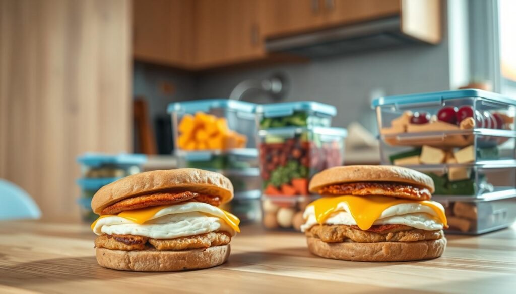 A cozy, minimal kitchen environment with wooden textures and light blue accents. In the foreground, freshly prepared freezer breakfast sandwiches, layered with fluffy eggs, savory protein, and melted cheese, exuding an appetizing aroma. In the middle ground, various meal prep containers filled with portioned ingredients, representing the benefits of organized, time-saving meal preparation. The background features sleek kitchen appliances and a serene, clutter-free atmosphere, emphasizing the efficiency and calm associated with meal prepping. Warm, natural lighting casts a soft glow, creating an inviting and nourishing ambiance. No hand or human presence, allowing the prepared food and meal prep setup to be the focal point.