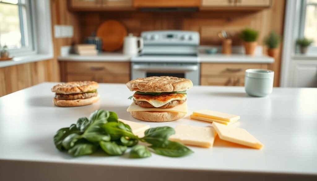 A cozy, minimal kitchen environment with wooden textures and light blue accents. On a clean, white counter, an assortment of breakfast sandwich ingredients are neatly arranged: whole grain English muffins, soy-based breakfast patties, slices of vegan cheese, and fresh spinach leaves. Soft, diffused lighting from a large window creates a warm, inviting atmosphere, casting gentle shadows and highlighting the natural textures. The camera angle is slightly elevated, providing a top-down view of the scene, emphasizing the orderly and appetizing assembly of this egg-free breakfast sandwich.