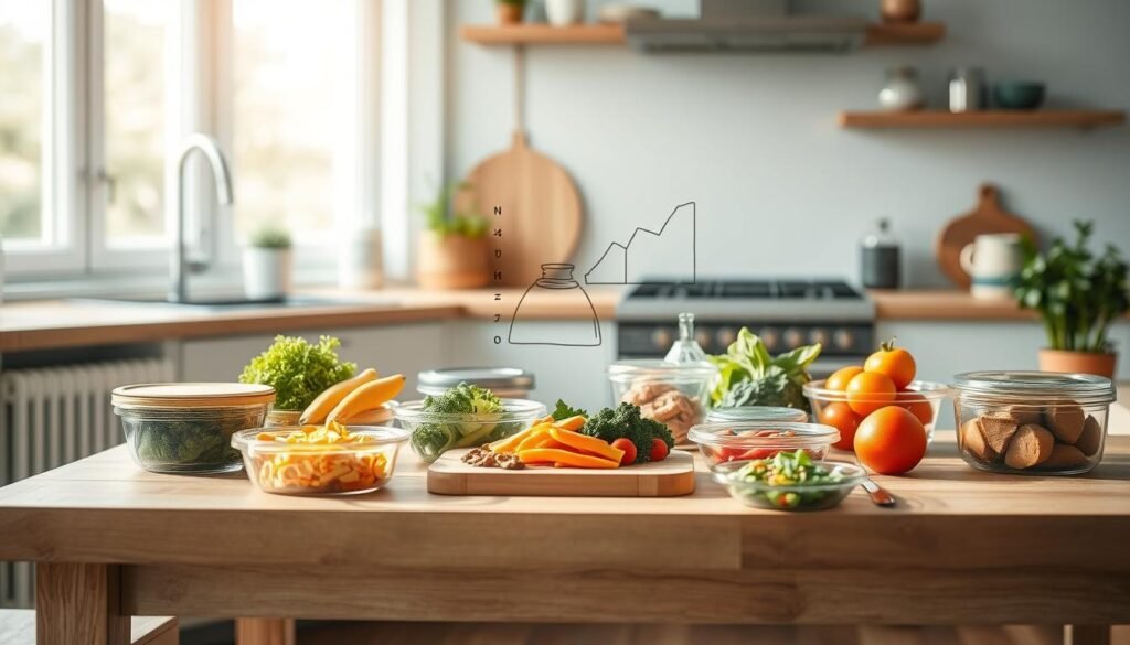 A cozy, minimal kitchen environment with wooden textures and light blue accents. On a clean wooden table, a variety of fresh ingredients and meal prep containers are artfully arranged, showcasing the nutritional benefits of a well-planned meal prep routine. Soft, natural lighting illuminates the scene, highlighting the vibrant colors and textures of the healthy foods. In the background, a simple line drawing or illustration of the nutritional profile of a balanced meal prep dish, conveying the essential vitamins, minerals, and macronutrients that fuel the body. The overall atmosphere is serene, inviting, and emphasizes the positive impact of meal prepping on health and wellness.