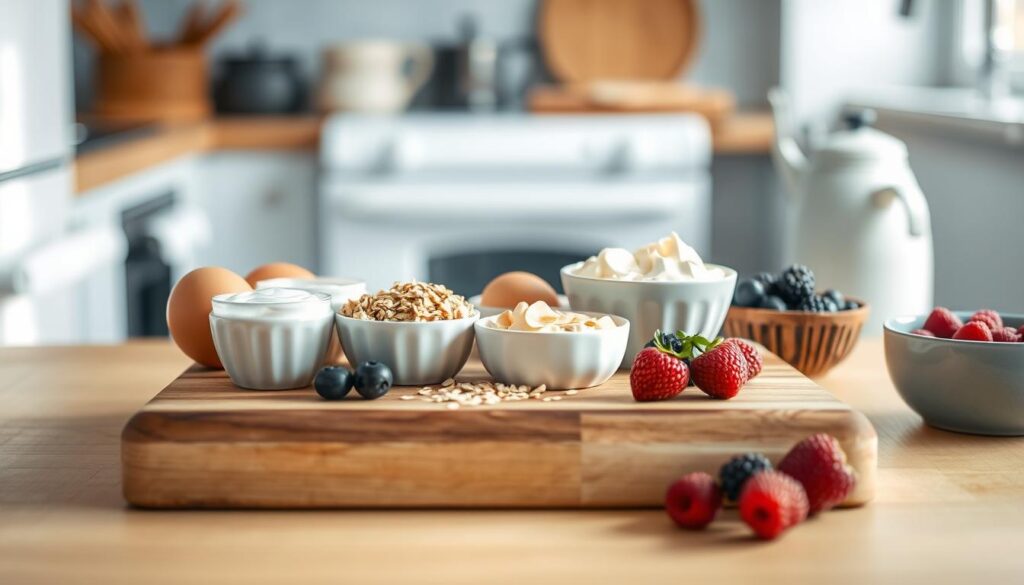 A cozy, minimal kitchen environment with wooden textures and light blue accents. On a wooden cutting board, various everyday ingredients are artfully arranged, representing versatile substitutions for a protein-packed breakfast muffin recipe: eggs, yogurt, nut butter, oats, and fresh berries. Soft, diffused lighting illuminates the scene, creating a warm, inviting atmosphere. The composition emphasizes the simplicity and flexibility of clean-eating recipes, allowing the viewer to envision customizing the muffins to their dietary needs and preferences.