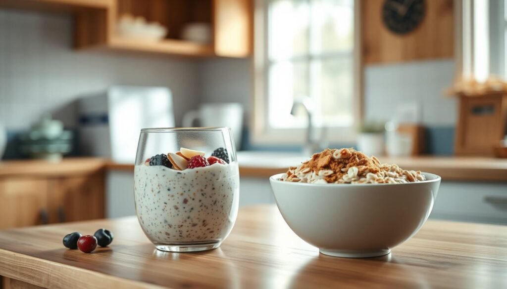 A cozy, minimal kitchen environment with wooden textures and light blue accents. On the countertop, two bowls sit side by side - one filled with a creamy, chilled overnight oats mixture, the other with steaming, aromatic warm oatmeal. The overnight oats bowl is garnished with fresh berries, sliced almonds, and a drizzle of honey, while the warm oatmeal features swirls of brown sugar and a sprinkle of cinnamon. Natural light filters in through a nearby window, casting a soft glow on the scene. A sense of tranquility and simplicity pervades the atmosphere, inviting the viewer to compare and contrast the two preparation methods of this versatile breakfast staple.