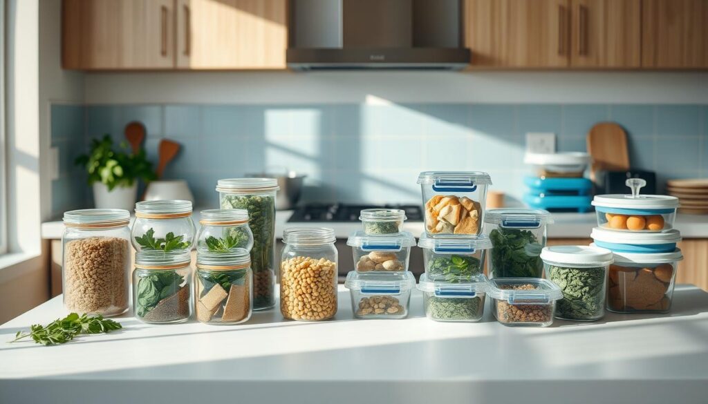 A cozy, minimal kitchen filled with natural wooden textures and light blue accents. Various meal prep containers in different shapes and sizes neatly arranged on the sleek countertop, casting soft shadows under the diffused lighting. Glass jars and airtight plastic lids showcase fresh Mediterranean herbs, spices, and other healthy ingredients. The layout is well-organized, with a focus on efficiency and convenience for busy weekday meal prep routines. The overall atmosphere is calm, serene, and inviting, reflecting the practical and accessible nature of the meal prep solutions on display.