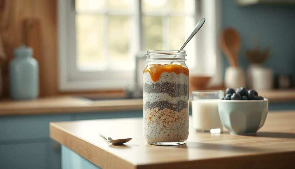 A cozy, minimal kitchen filled with warm wooden textures and light blue accents. On the counter, a glass jar holds layers of rolled oats, chia seeds, and a drizzle of honey, with a spoon gently resting on the side. Next to it, a small bowl of fresh berries and a glass of milk await. Soft, natural lighting from a window casts a gentle glow, highlighting the simple, healthy ingredients ready for an overnight oats preparation. The scene conveys a sense of calm, nourishment, and mindful intention.