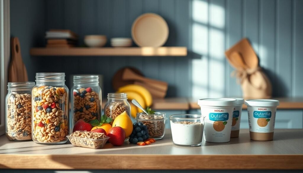 A cozy, minimal kitchen in soft blue tones, with wooden textures throughout. On the counter, an assortment of customizable no-heat meal components: jars of trail mix, fresh fruits, granola, and containers of yogurt and chia pudding. The lighting is natural and diffuse, creating a warm, inviting atmosphere. The camera angle is slightly elevated, capturing the scene from an overhead perspective, highlighting the careful arrangement of the healthy, portable meal options. The focus is on the variety of mix-and-match ingredients, conveying the idea of personalized, no-heat lunchbox creations.