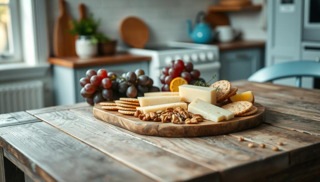 A cozy, minimal kitchen in soft light, with wooden textures and light blue accents. On a rustic wooden table, an assortment of no-heat lunchbox items arranged in a delightful cheese board display: fresh slices of cheese, crisp crackers, juicy grapes, crunchy nuts, and a few sprigs of greenery for a pop of color. The composition is balanced, with each element placed thoughtfully to create an inviting and appetizing scene. The lighting is gentle, casting warm shadows and highlighting the natural textures of the ingredients. The overall mood is one of simplicity, comfort, and a touch of elegance, perfectly capturing the essence of a no-heat lunchbox cheese board.