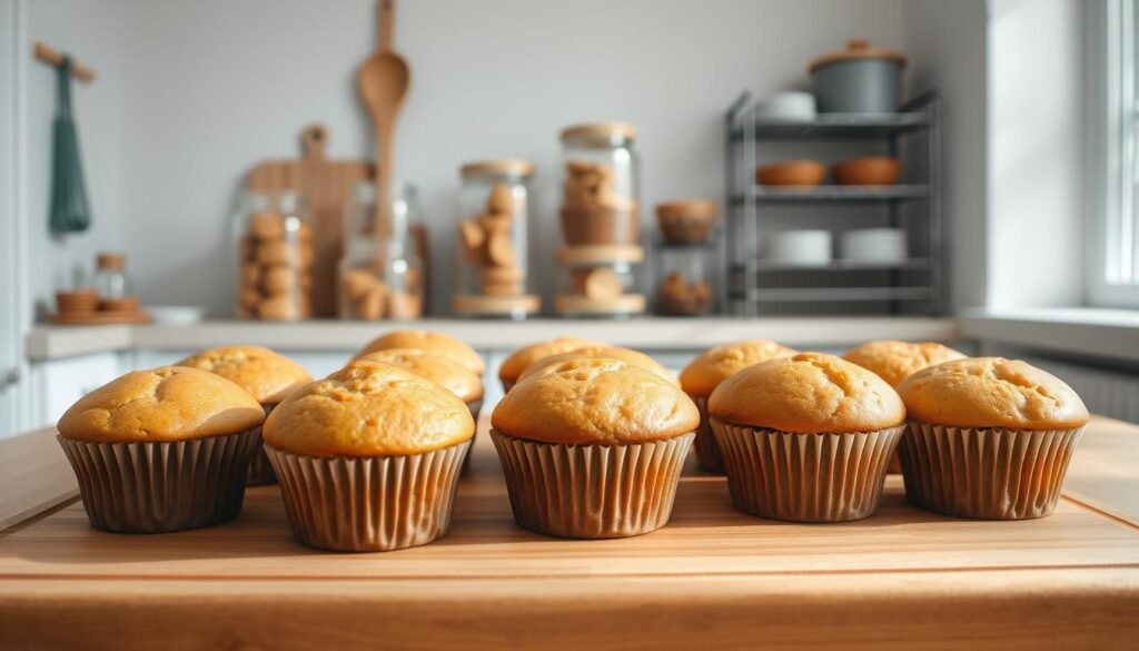 A cozy, minimal kitchen interior with warm wooden textures and light blue accents. In the foreground, an assortment of protein breakfast muffins sits neatly arranged on a wooden cutting board, their golden tops glistening under soft, natural lighting. In the middle ground, a variety of storage solutions are showcased - glass jars, stackable containers, and a tiered wire rack, all meticulously organized to keep the muffins fresh and readily accessible. The background features clean white walls, a few simple kitchen accessories, and a glimpse of a window, evoking a sense of tranquility and efficiency.