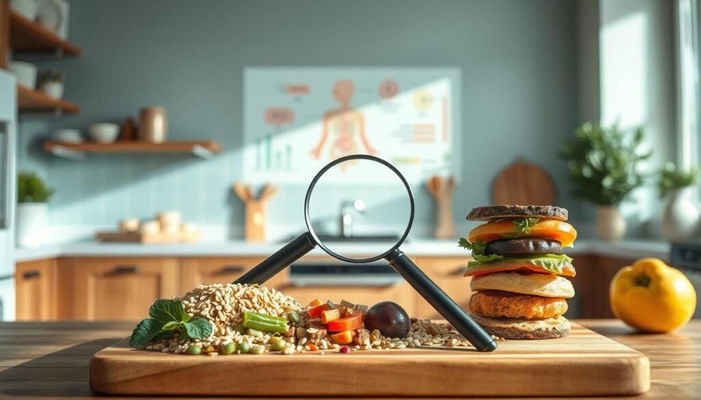 A cozy, minimal kitchen interior with warm wooden textures and light blue accents. In the foreground, a stack of colorful fiber-rich foods like whole grains, vegetables, and fruits are arranged neatly on a wooden cutting board. The middle ground features a magnifying glass hovering over the food, highlighting the intricate structures and research on gut health benefits. In the background, scientific diagrams and charts are projected onto the wall, shedding light on the latest fiber and digestive system research. The scene is bathed in soft, natural lighting, creating an atmosphere of scientific inquiry and culinary wellness.