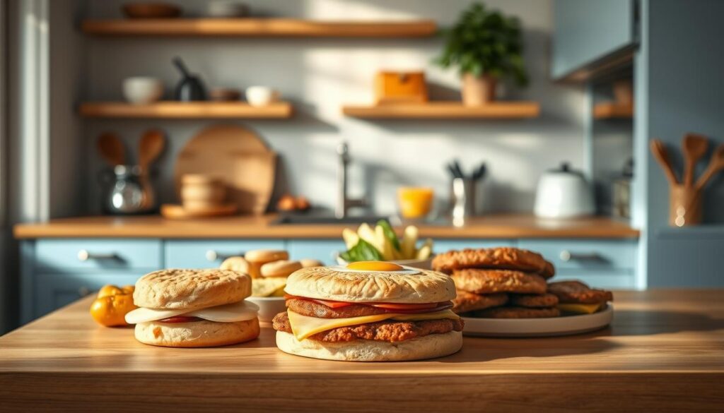 A cozy, minimal kitchen interior with warm wooden textures and light blue accents. On the wooden countertop, an assortment of savory breakfast dishes is artfully arranged, including flaky biscuits, hearty breakfast sandwiches, and fragrant sausage patties. Soft, natural lighting illuminates the scene, casting gentle shadows and highlighting the inviting textures. The composition emphasizes the variety and visual appeal of these delectable, egg-free breakfast options, perfect for those with dietary restrictions.