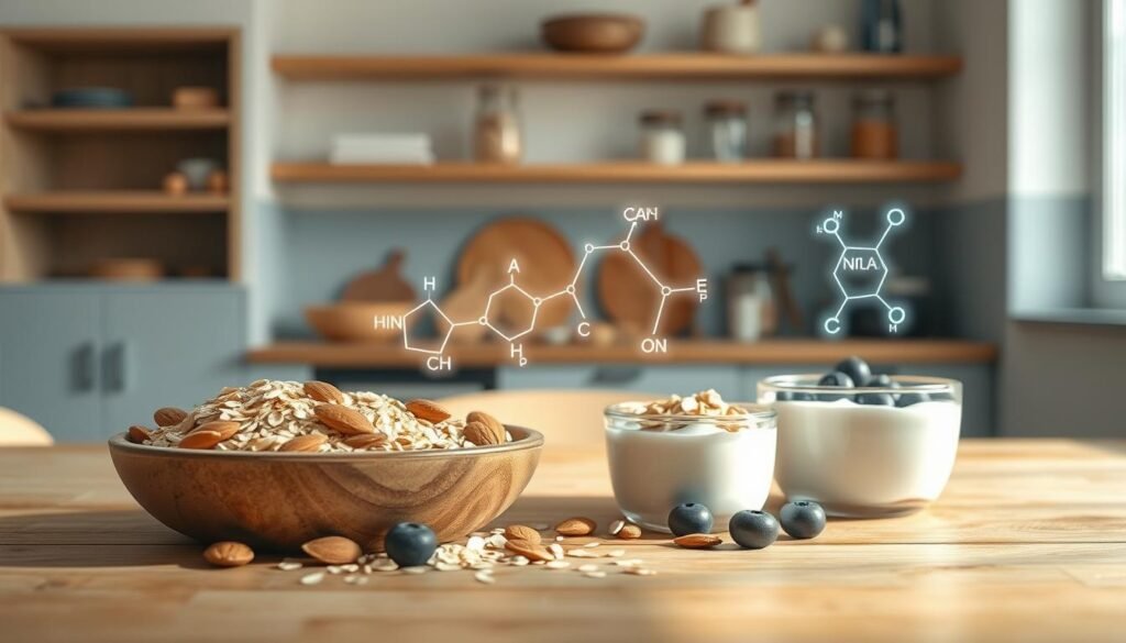 A cozy, minimal kitchen interior with wooden textures and light blue accents. In the foreground, a wooden table showcases a variety of breakfast ingredients - rolled oats, almonds, blueberries, and yogurt. The middle ground features molecular structures of essential amino acids found in these ingredients, visualized with glowing lines and shapes. In the background, shelves display jars of other healthy breakfast components. The scene is illuminated by soft, natural lighting, capturing the science and nutrition behind a wholesome overnight oats recipe.