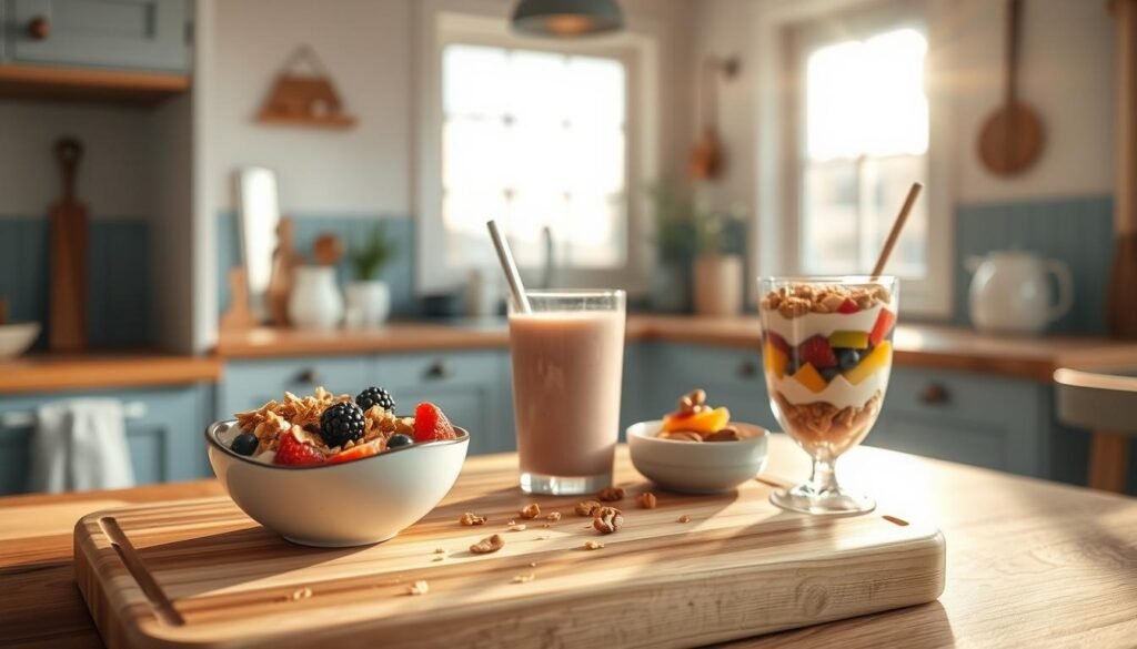 A cozy, minimal kitchen interior with wooden textures and light blue accents. In the foreground, a wooden cutting board holds an assortment of fresh Greek yogurt-based recipes - a bowl of yogurt topped with granola, berries, and honey, a smoothie in a glass, and a parfait layered with fruit and nuts. Warm, natural lighting illuminates the scene, casting soft shadows and highlighting the textures of the ingredients. The middle ground features simple kitchen utensils and a clean, streamlined aesthetic. In the background, a window overlooking a serene outdoor scene adds to the calming, inspiring atmosphere.